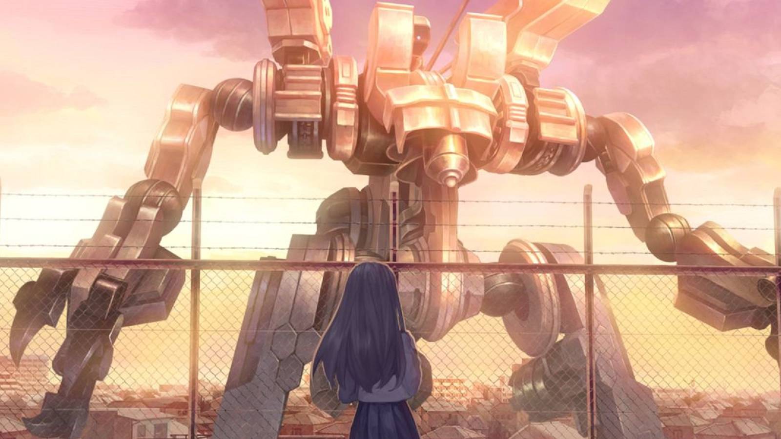 Megumi Yakushiji from 13 Sentinels standing on a rooftop, looking out at the gigantic Sentinel robot standing in the city below. It towers over her.