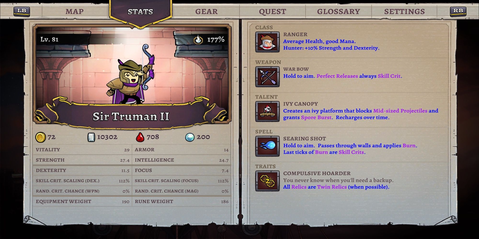 A character stat page in Rogue Legacy 2