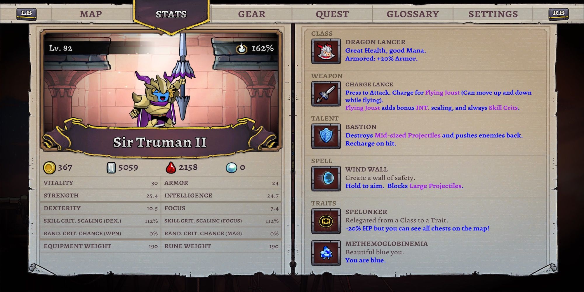 A character stat page in Rogue Legacy 2