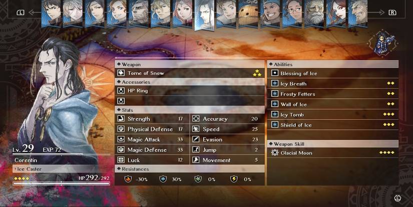 Corentin in the roster menu from Triangle Strategy