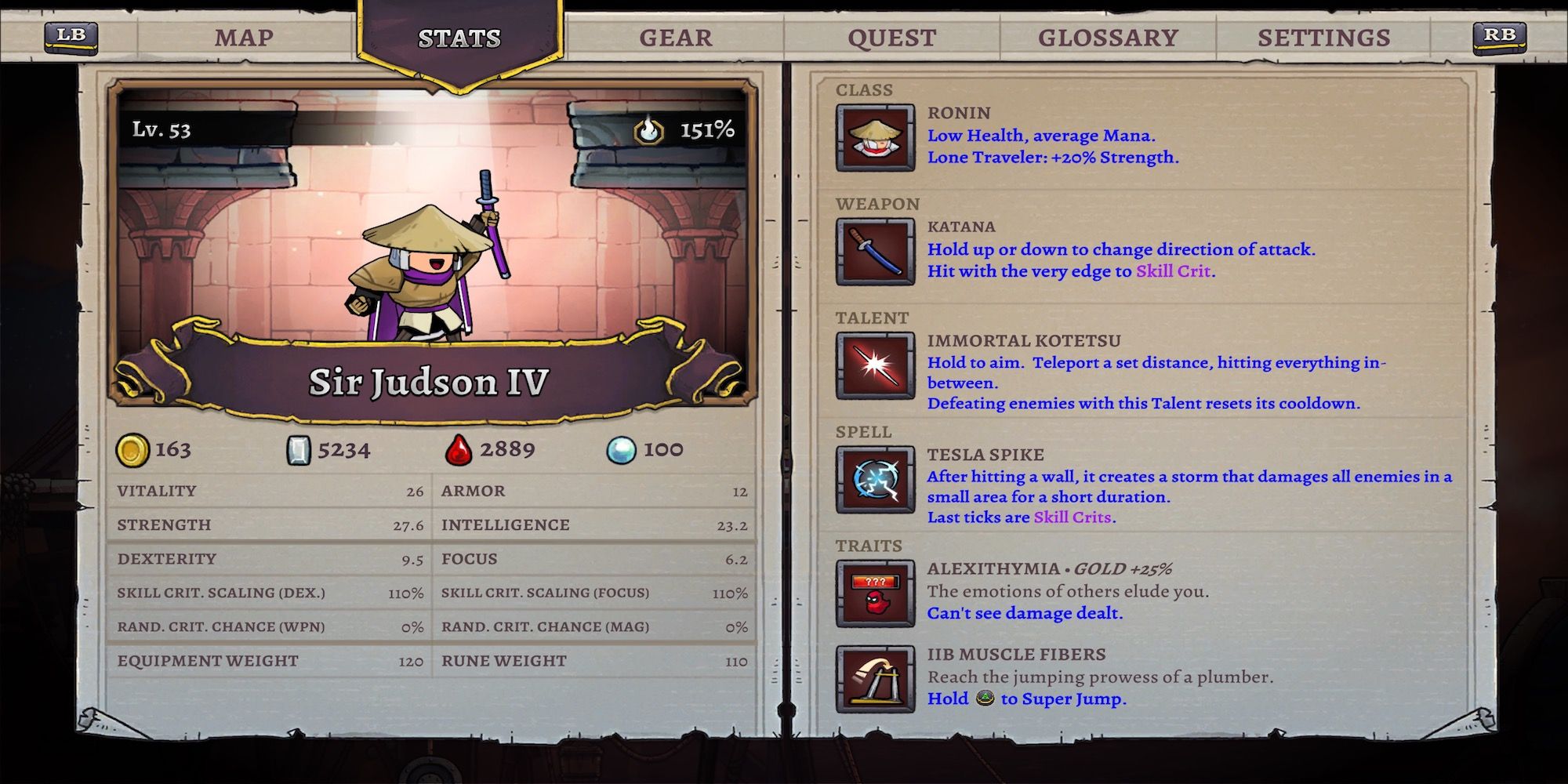 A character stat page in Rogue Legacy 2