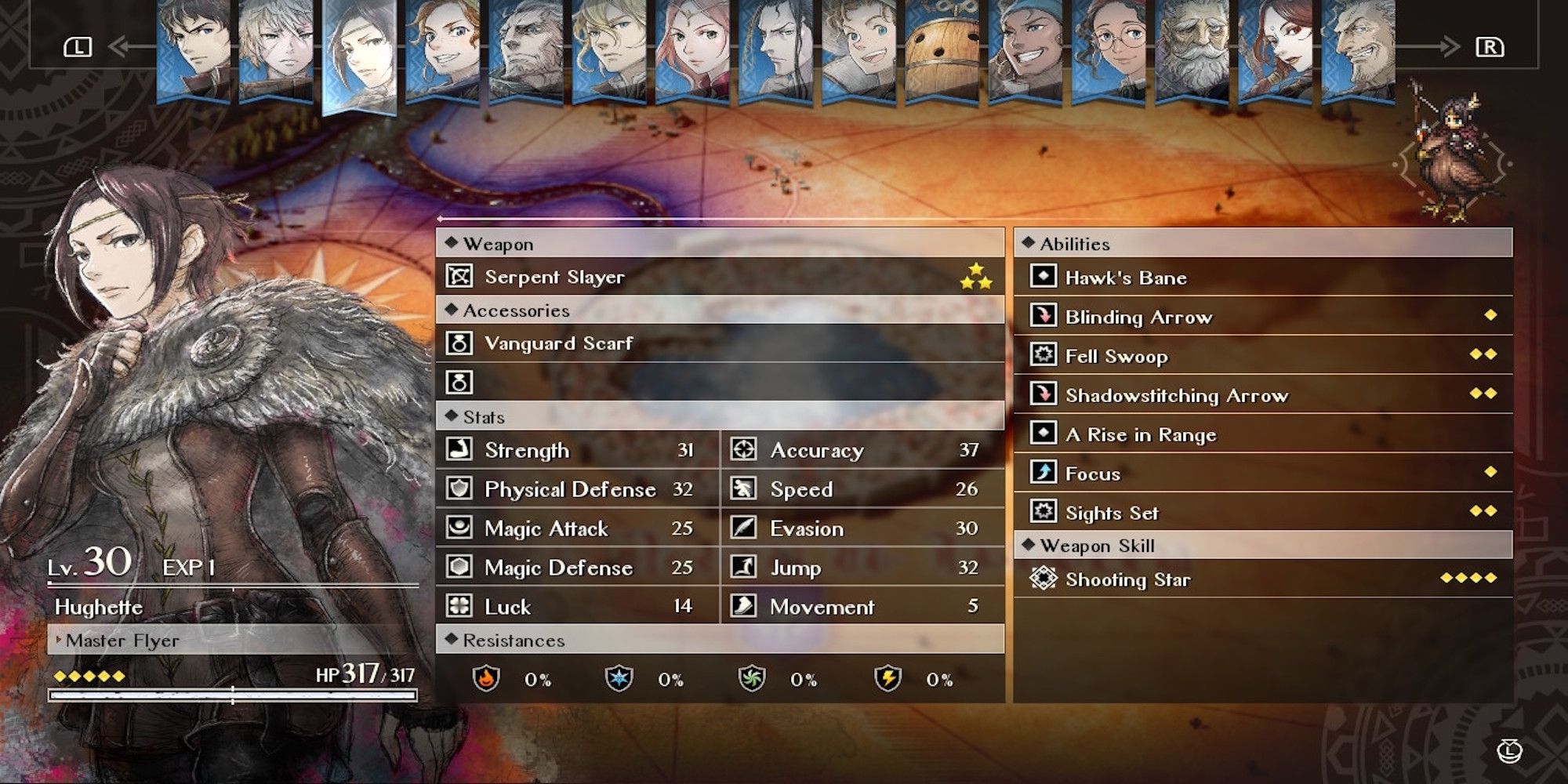 Hughette in the roster menu from Triangle Strategy