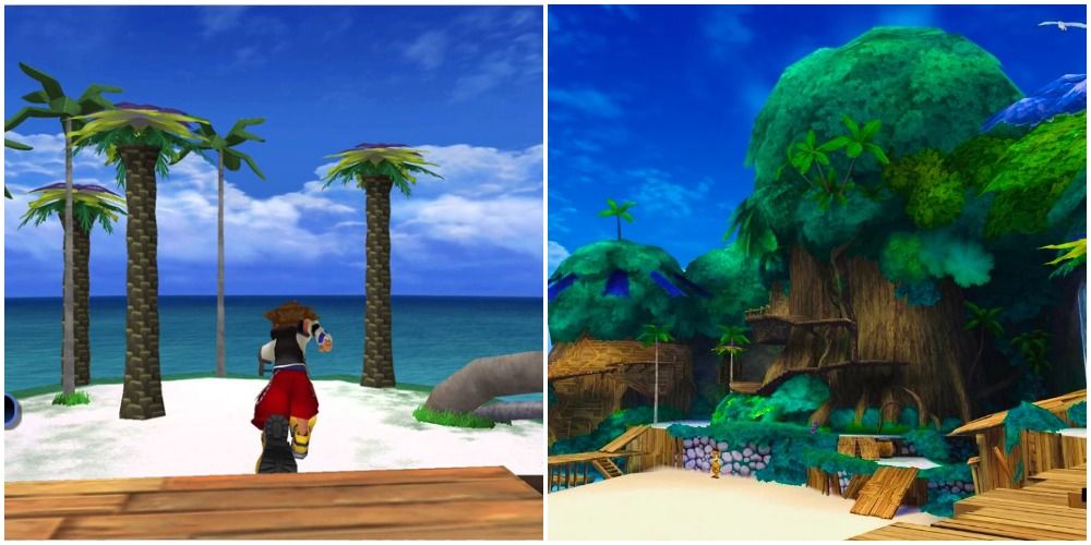 Split image of Sora and Destiny Islands.