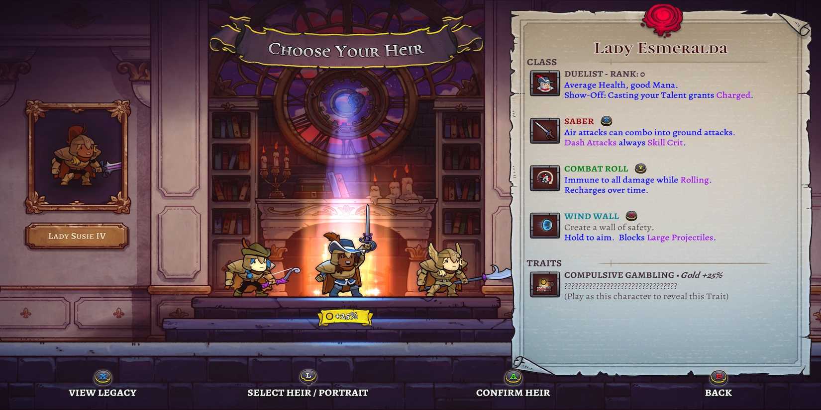 Choosing an heir menu in Rogue Legacy 2