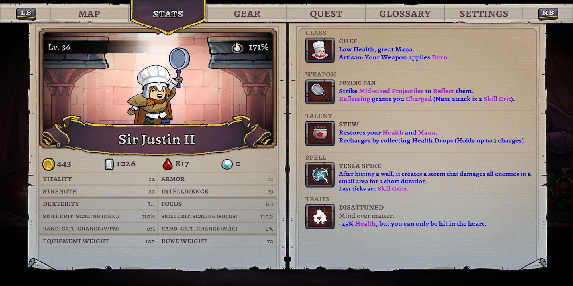 A character stat page in Rogue Legacy 2