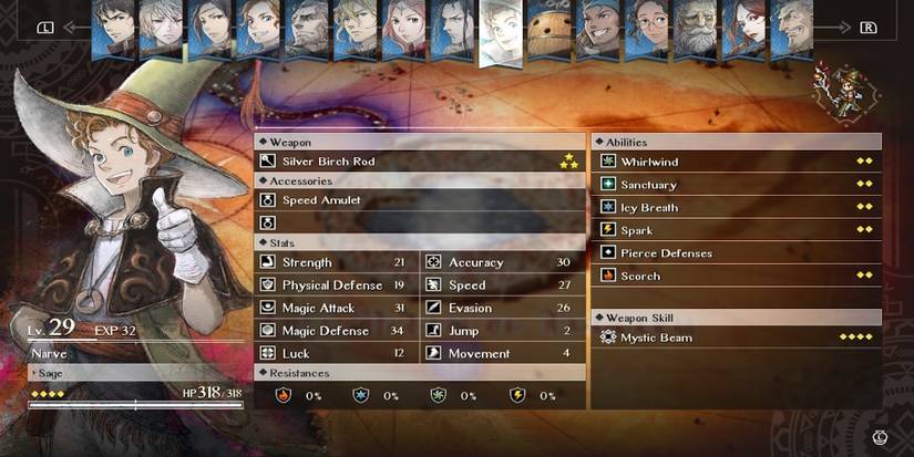 Narve in the roster menu from Triangle Strategy