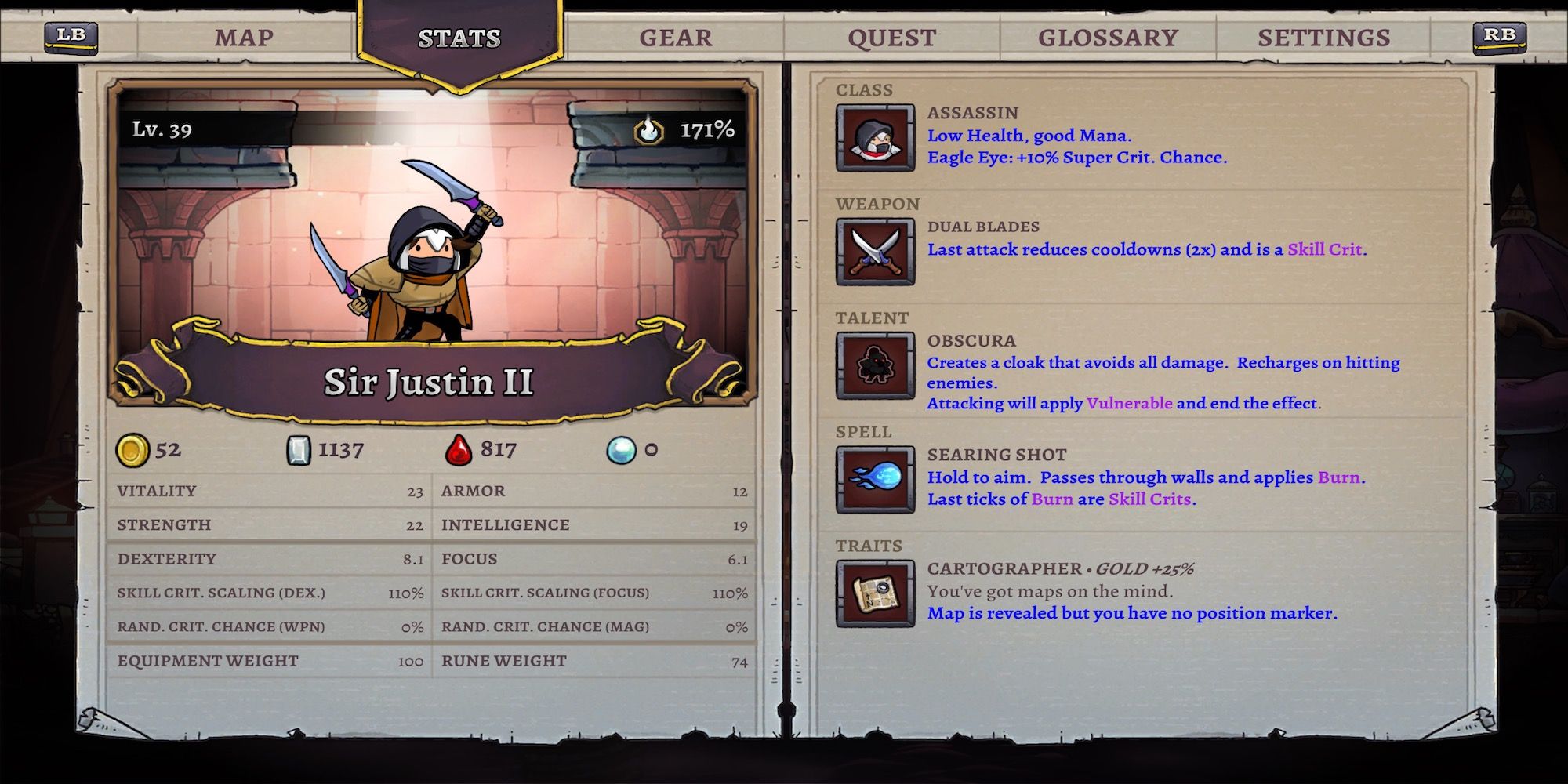 A character stat page in Rogue Legacy 2