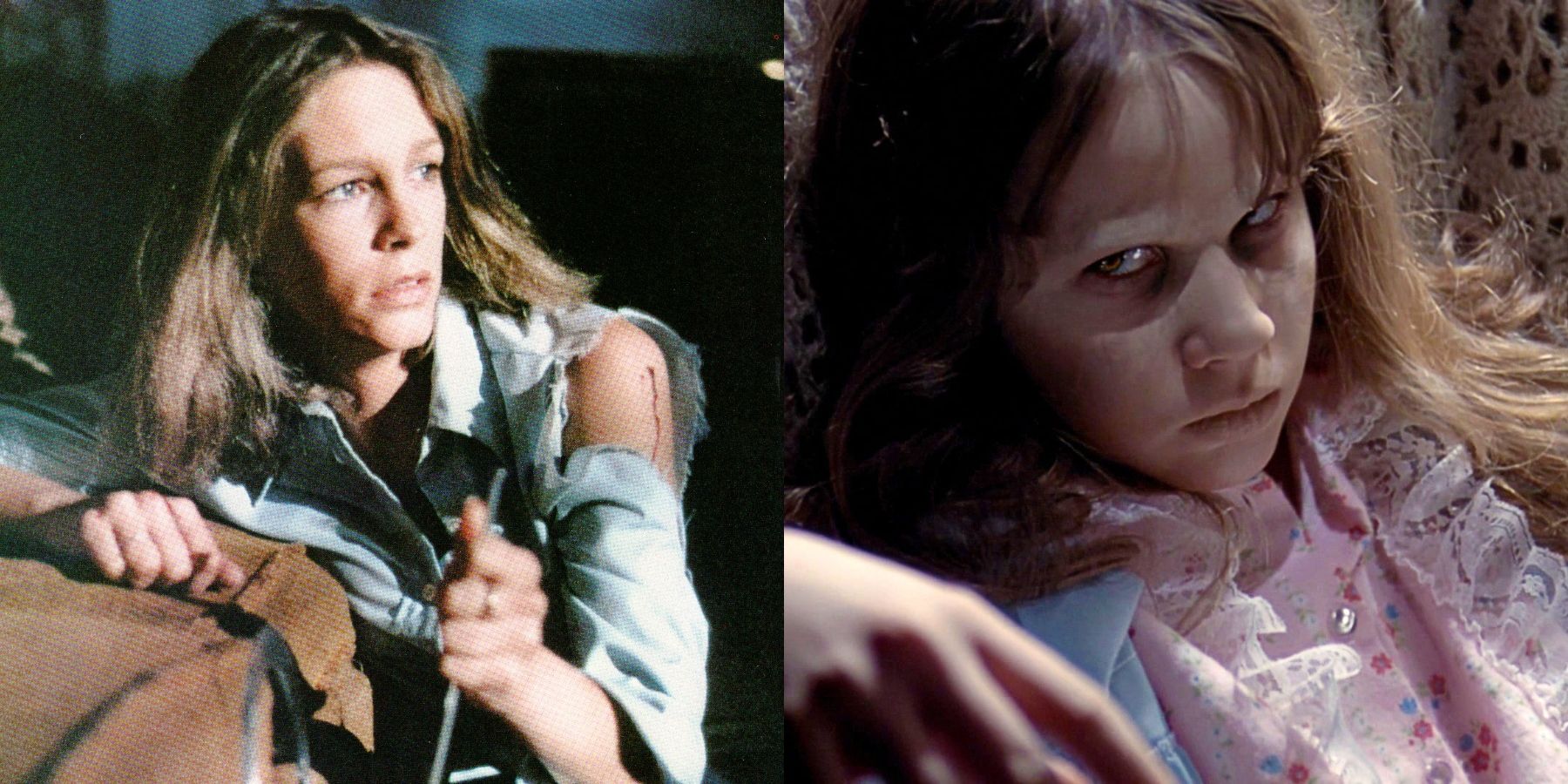 Split image of Laurie Strode in Halloween and Reagan MacNeil in The Exorcist