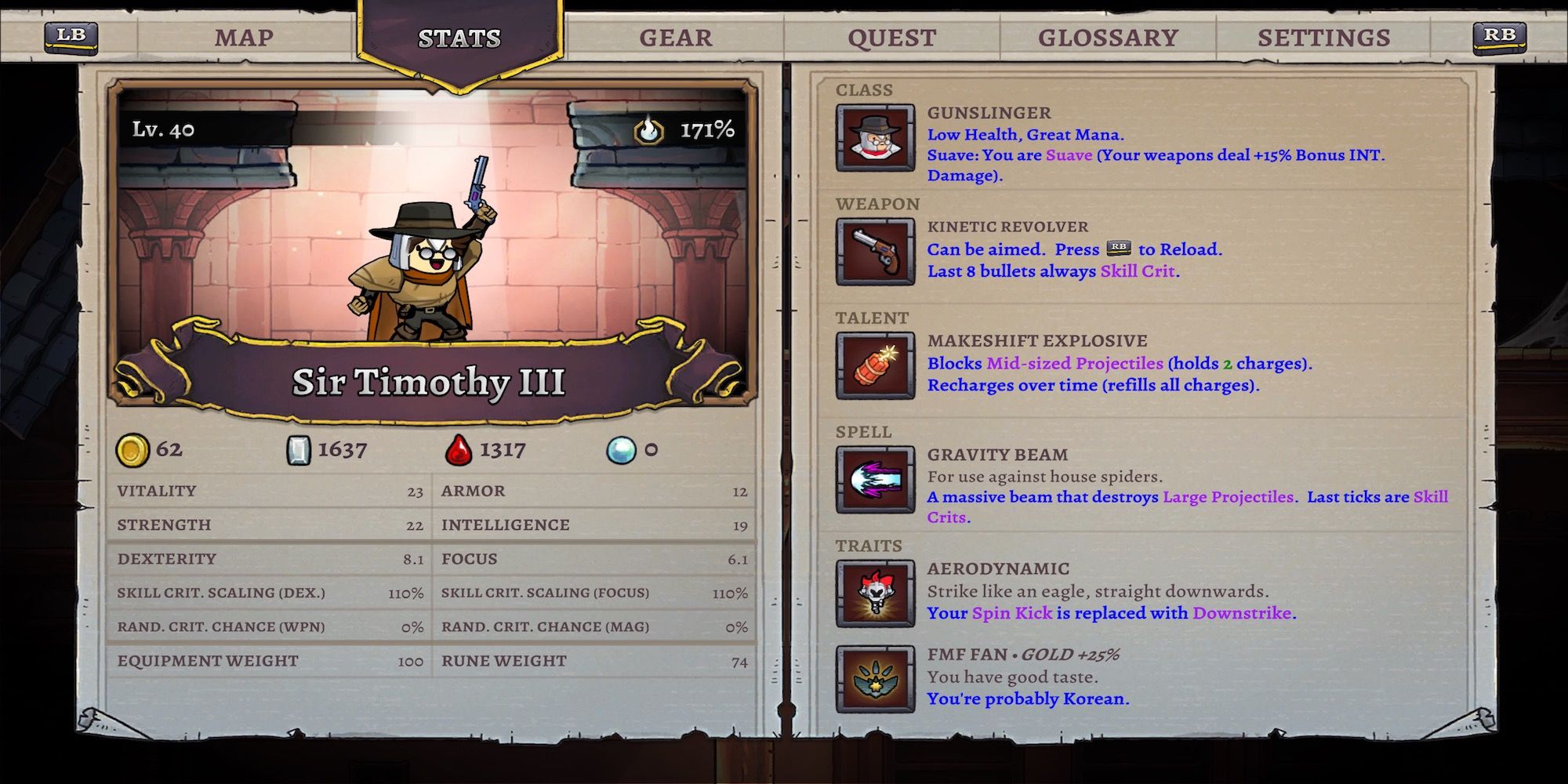 A character stat page in Rogue Legacy 2
