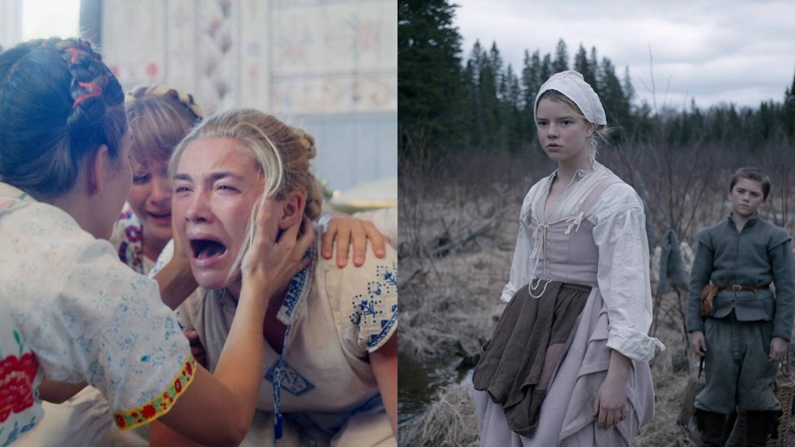 Split image of Dani (Florence Pugh) in Midsommar and Thomasin (Anna Taylor-Joy) in The Witch