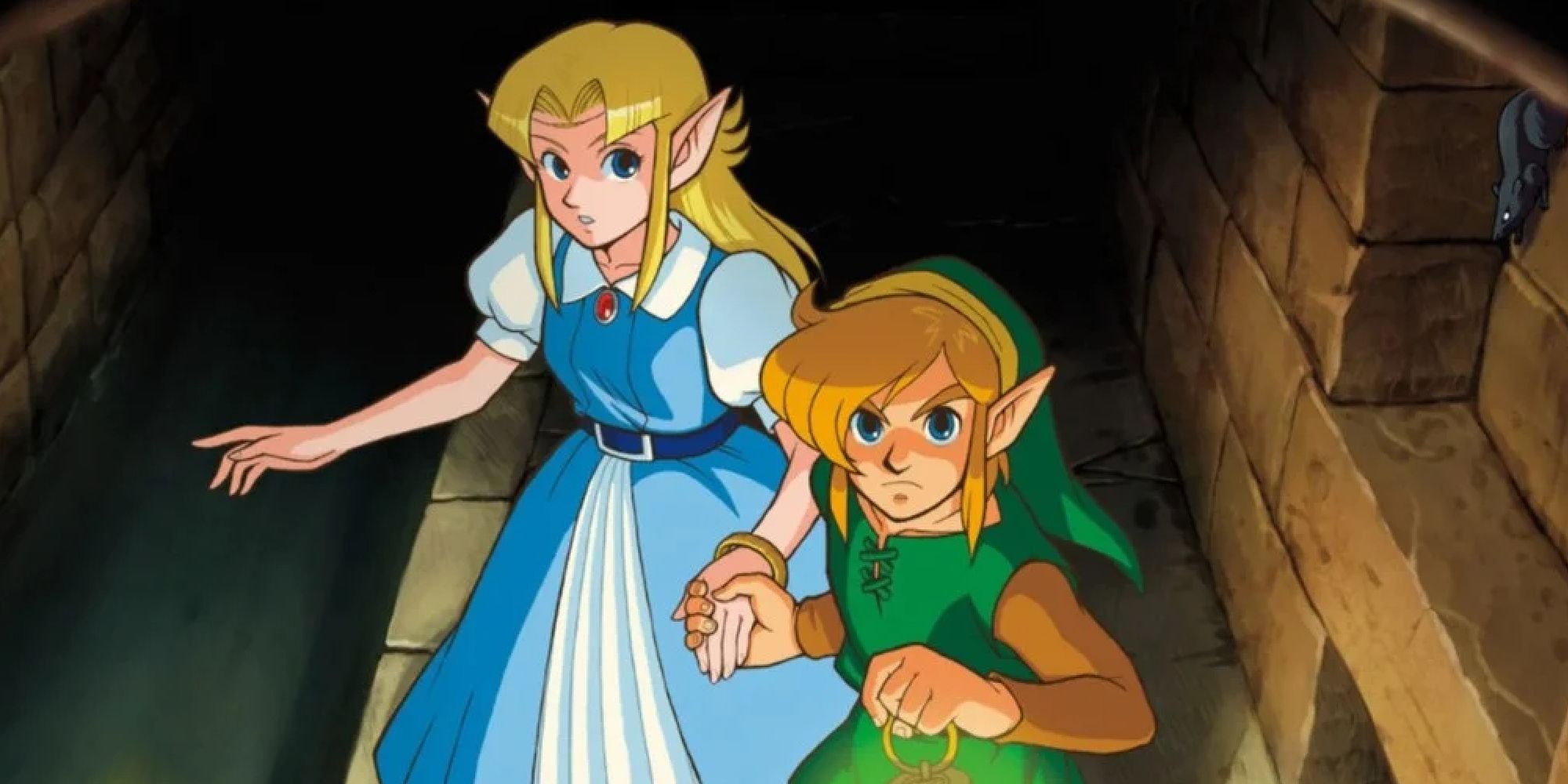 Link leading Zelda through the underground in promo art for A Link to the Past