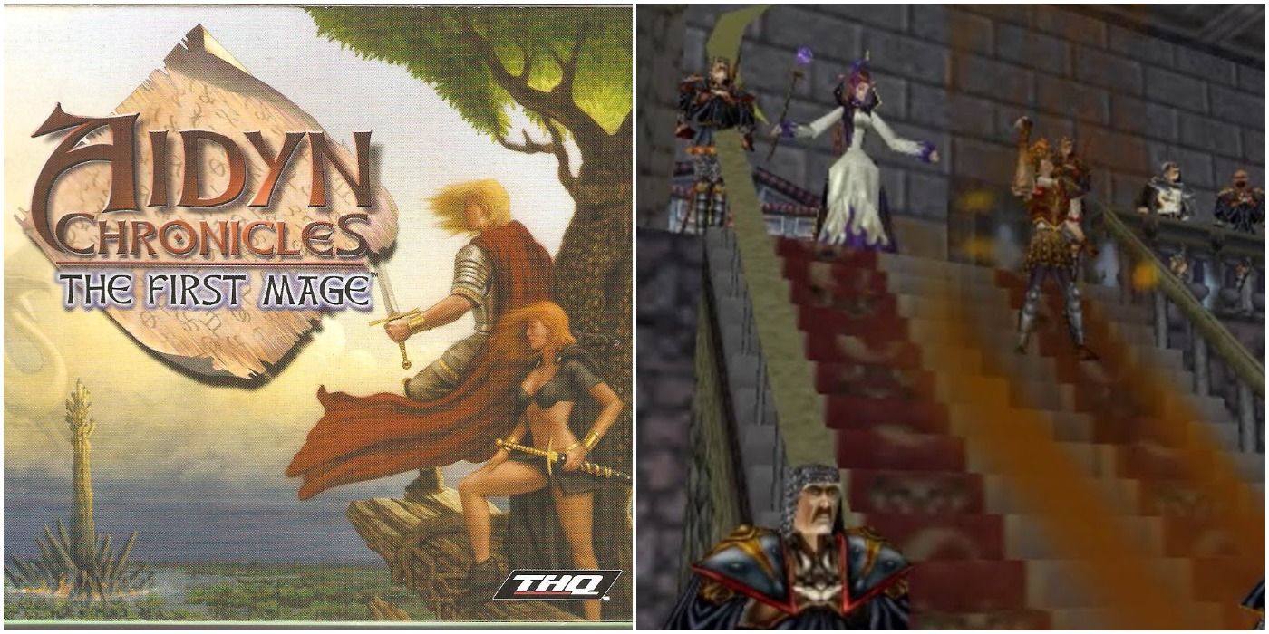 Aidyn Chronicles The First Mage Split image of cover and gameplay of queen at top of palace stairs