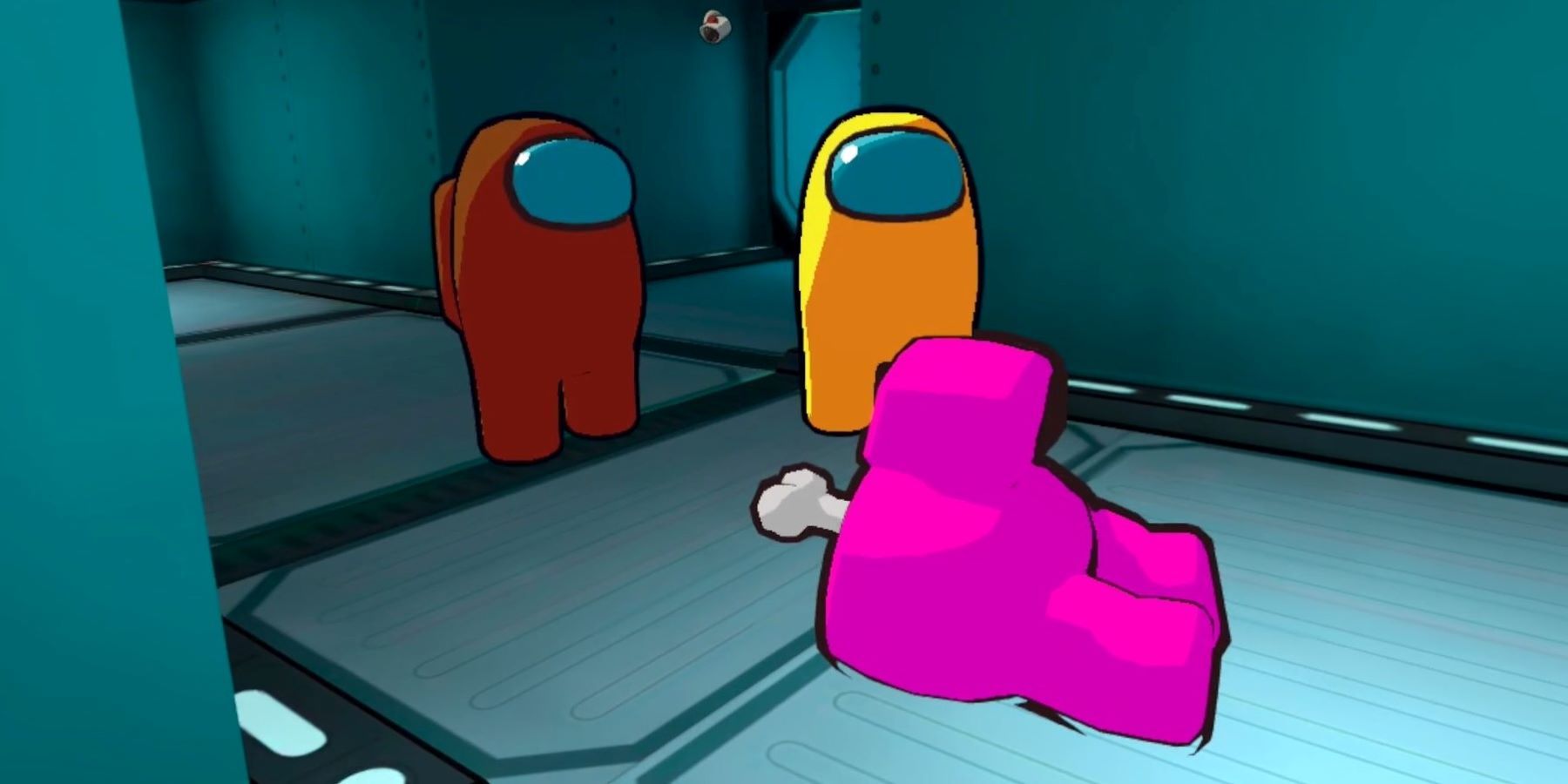 Red and yellow Crewmates standing over a pink Crewmate's corpse in Among Us VR