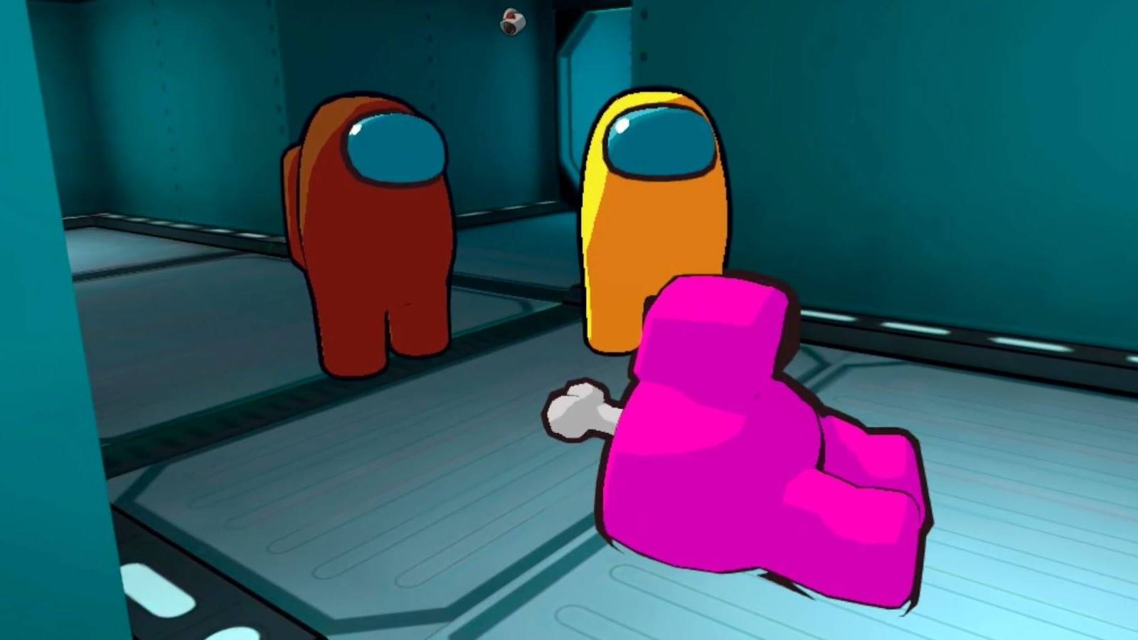 Red and yellow Crewmates standing over a pink Crewmate's corpse in Among Us VR
