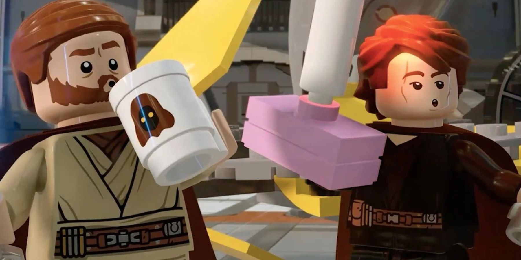 Anakin Skywalker and Obi-Wan Kenobi in a LEGO Star Wars: The Skywalker Saga cutscene from Episode 3: Revenge of the Sith