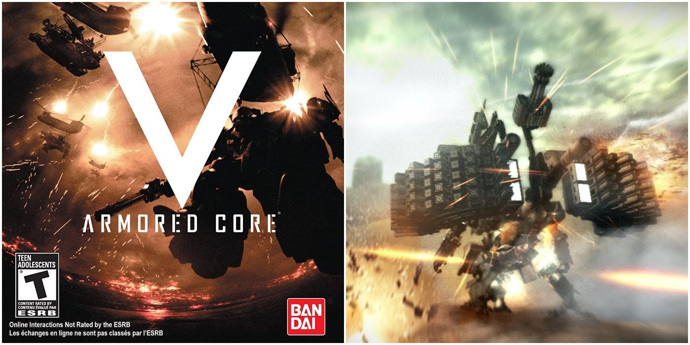 split image of Armored Core V Xbox 360 box art and mechanized units firing in epic war scene
