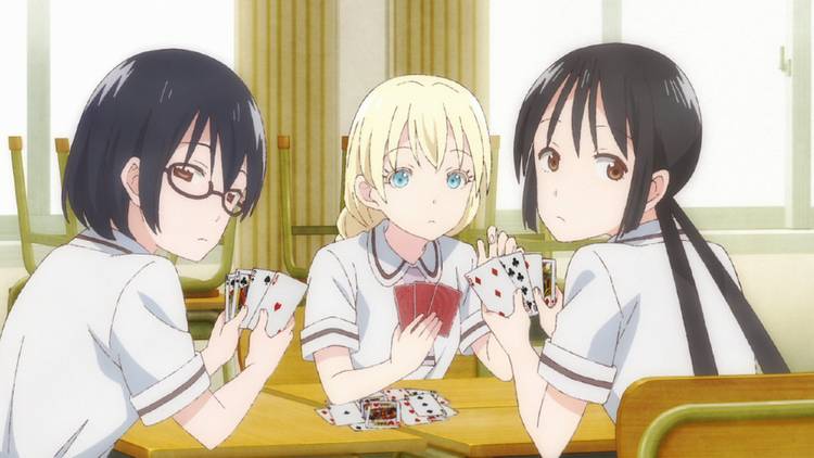 Asobi Asobase anime visual featuring the three main characters in exaggerated expressions