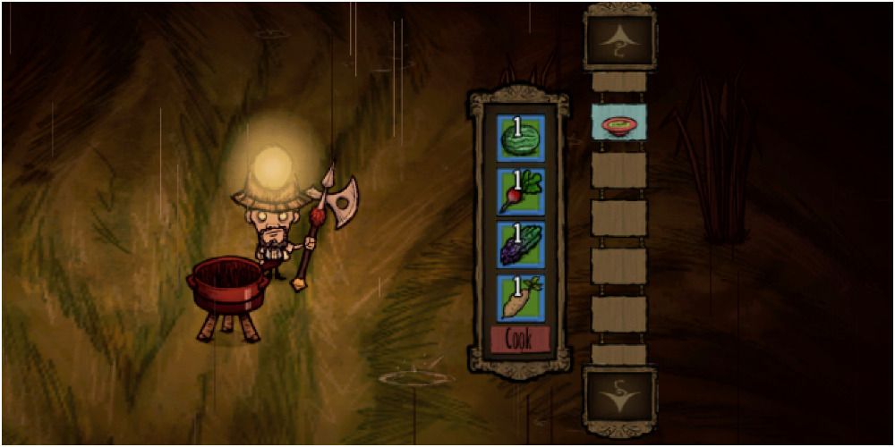 Player crafting the Asparagus Soup in Don't Starve Together.