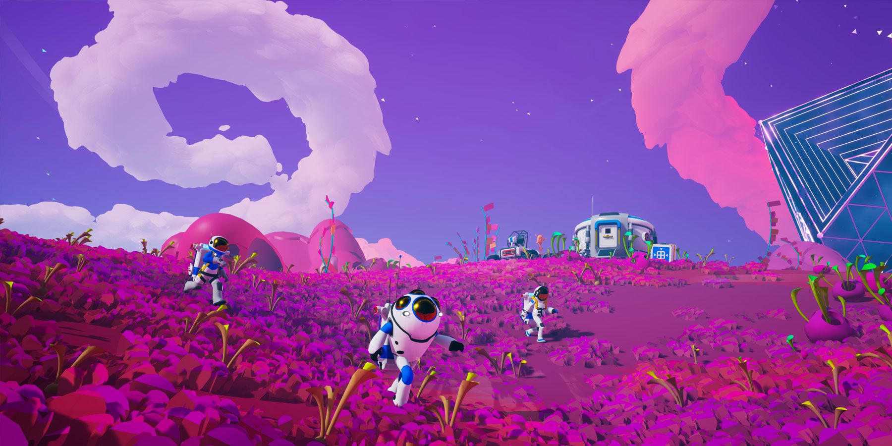 Astroneer-pink-and-purple-planet-being-ecplored-by-astronaughts