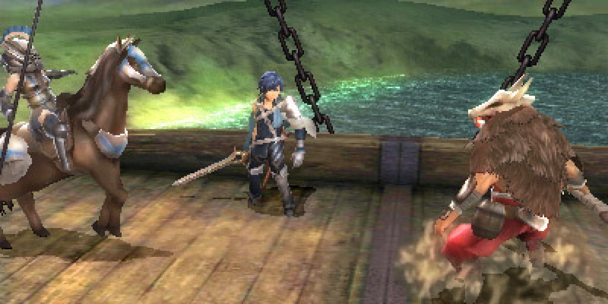 Chrom in battle with a barbarian in Fire Emblem Awakening