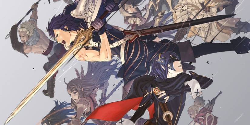 Chrom and Lucina in front of the rest of the cast of Fire Emblem Awakening on the box art