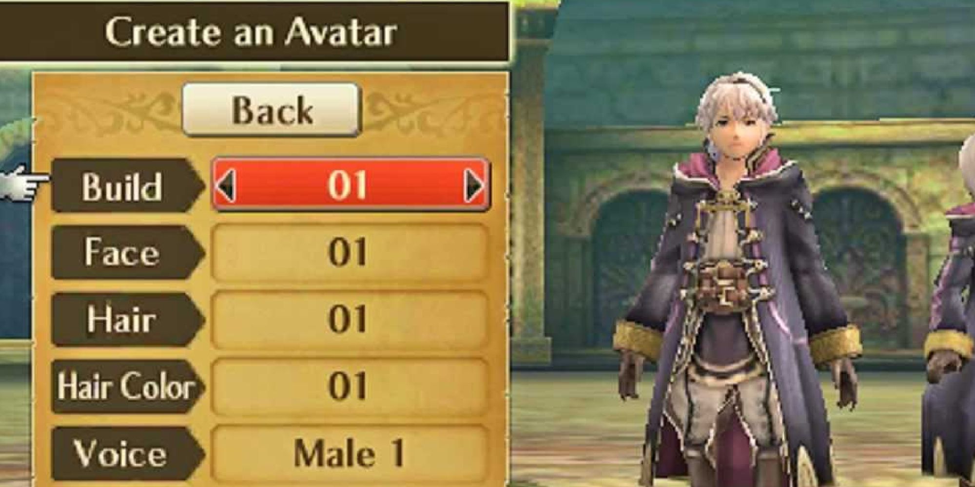 The "Create an Avatar" screen in Awakening set on a default male Robin