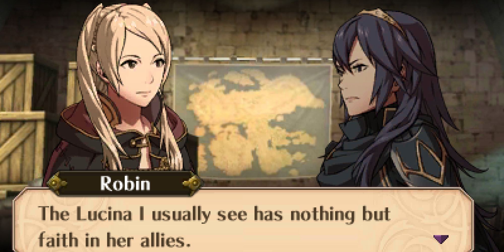 A female Robin in a support conversation with Lucina inspiring her confidence