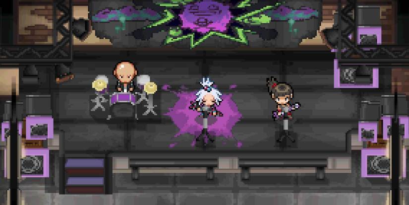 Roxie on stage with her bandmates in Virbank City's Gym in Black 2/White 2