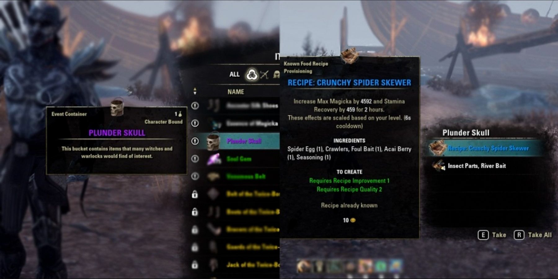 Recipe and inventory of crunchy spider skewer ESO