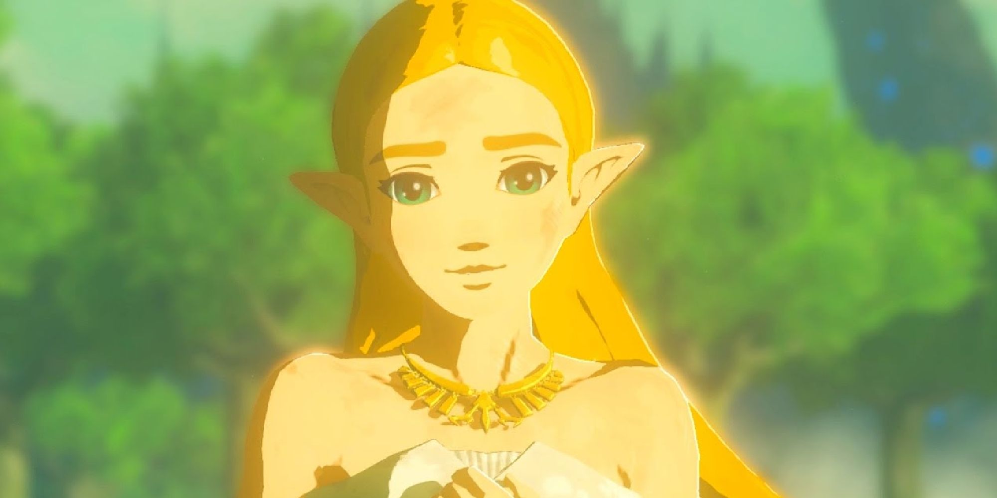 A dirtied Princess Zelda in her dress appearing at the end of BOTW