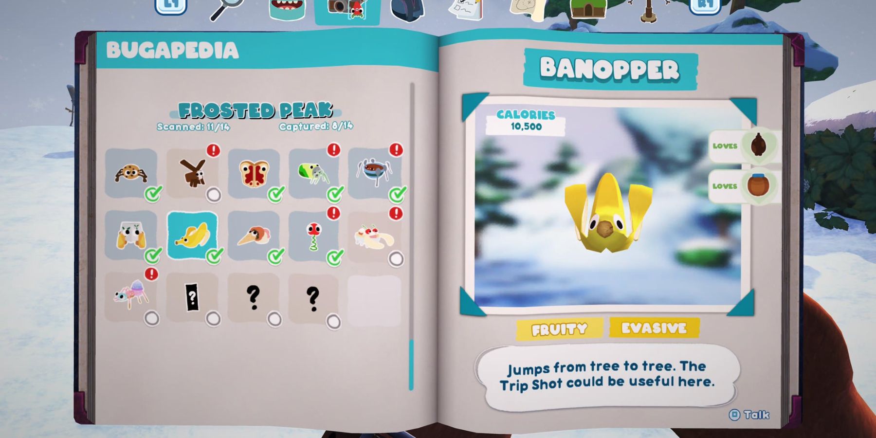 an open notebook with a list of bugsnax for the frosted peak region on the left page and a living banana named Banopper on the right page