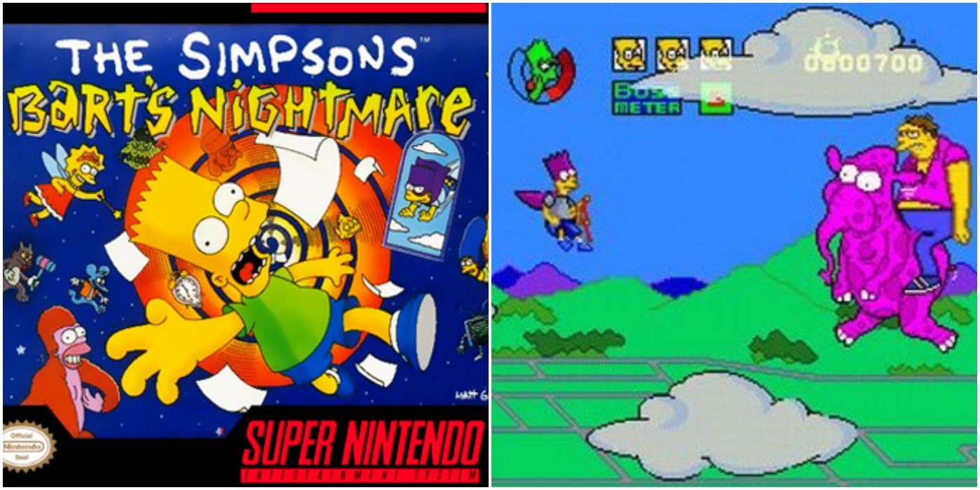 Bart's Nightmare SNES split image of box art and Bart superhero flying 