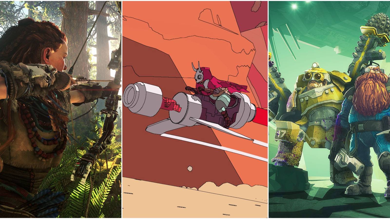 left to right: Aloy in Horizon Zero Dawn, Sable, Deep Rock Galactic