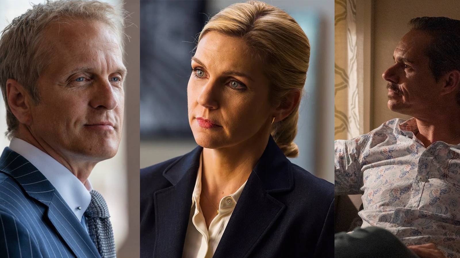 Howard Hamlin smirking; Kim listening to someone in conversation; Lalo at Jimmy's apartment listening to him