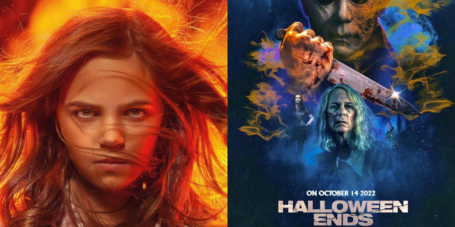 Split image of Firestarter (2022 remake) and Halloween Ends (2022) poster