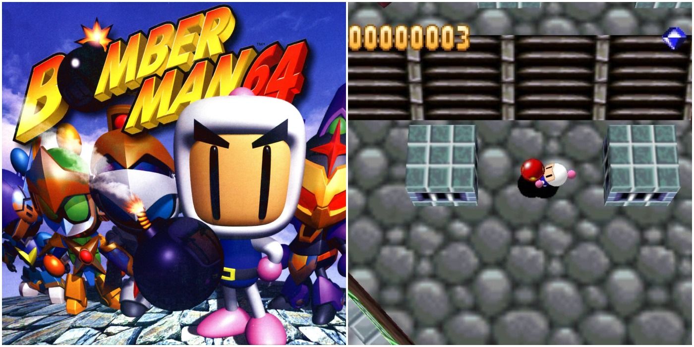 Bomberman 64  Split image of cover and gameplay of Bomberman holding bomb in stone arena