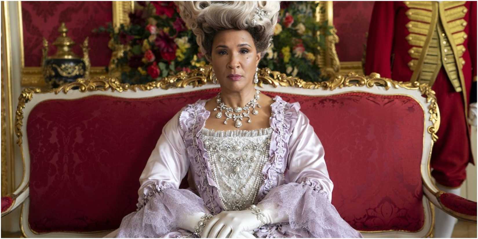Bridgerton The Queen's Purple and Cream Outfit