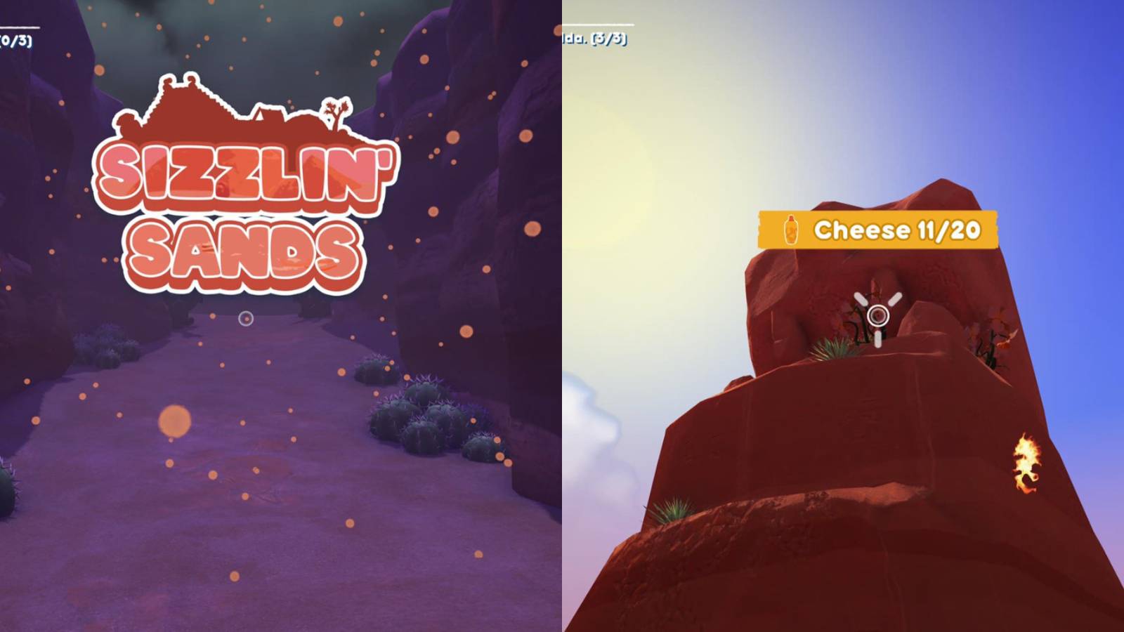 a sandy ravine with the words Sizzling Sands superimposed in the middle of the screen; a statue of a strange creature with plants growing in its mouth. the words 