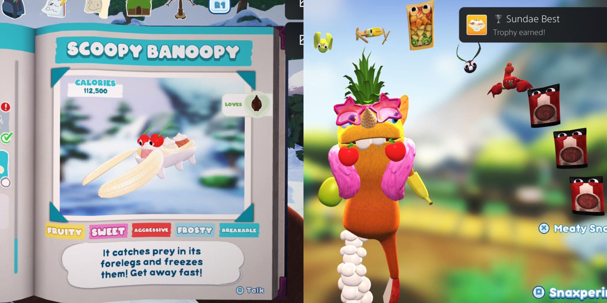 notebook page featuring a living banana split named Scoopy Banoopy; an orange grumpus with food body parts under an arch of bugsnax with a playstation trophy notification in the top right corner that says Sundae Best