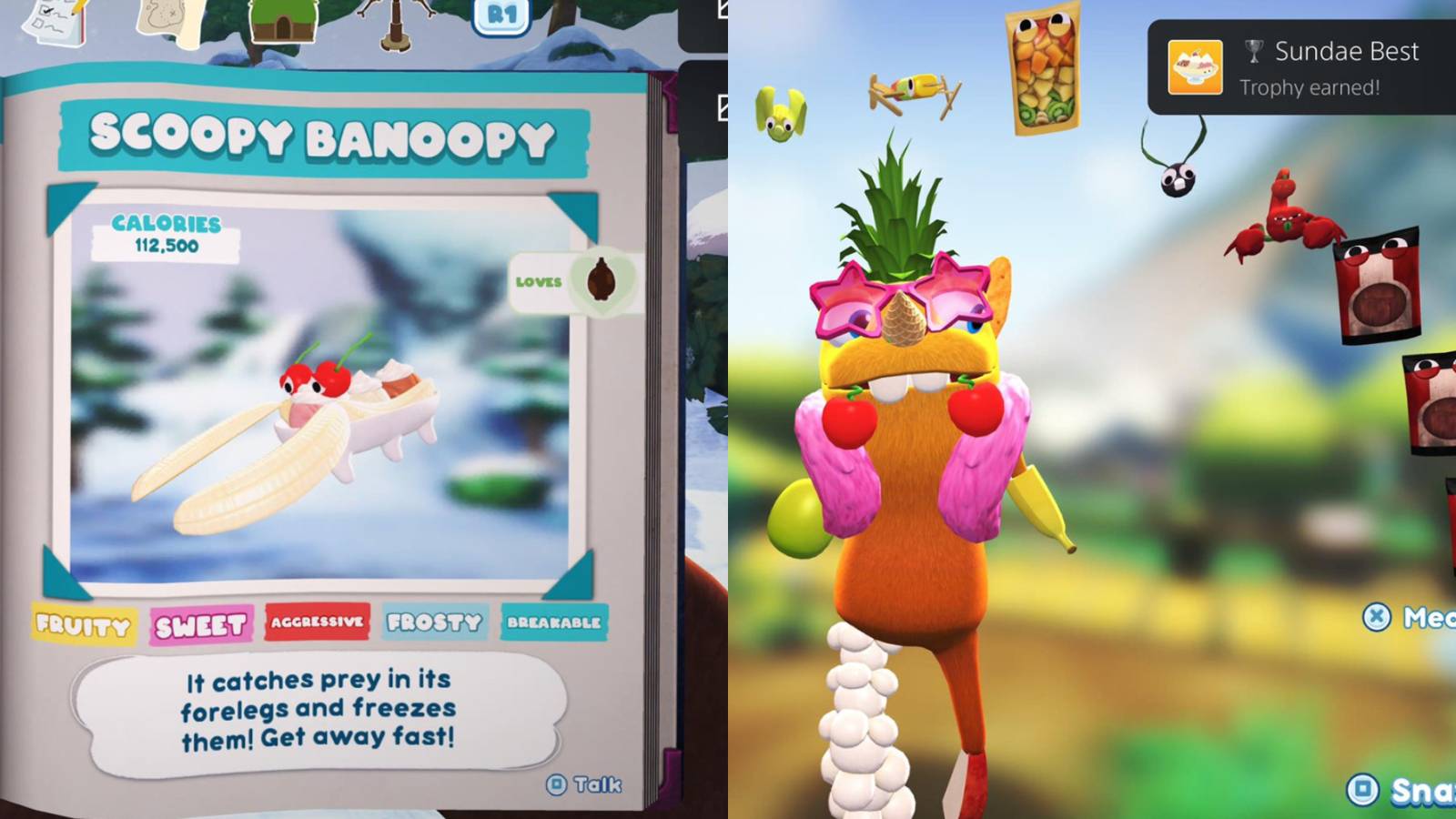 notebook page featuring a living banana split named Scoopy Banoopy; an orange grumpus with food body parts under an arch of bugsnax with a playstation trophy notification in the top right corner that says Sundae Best
