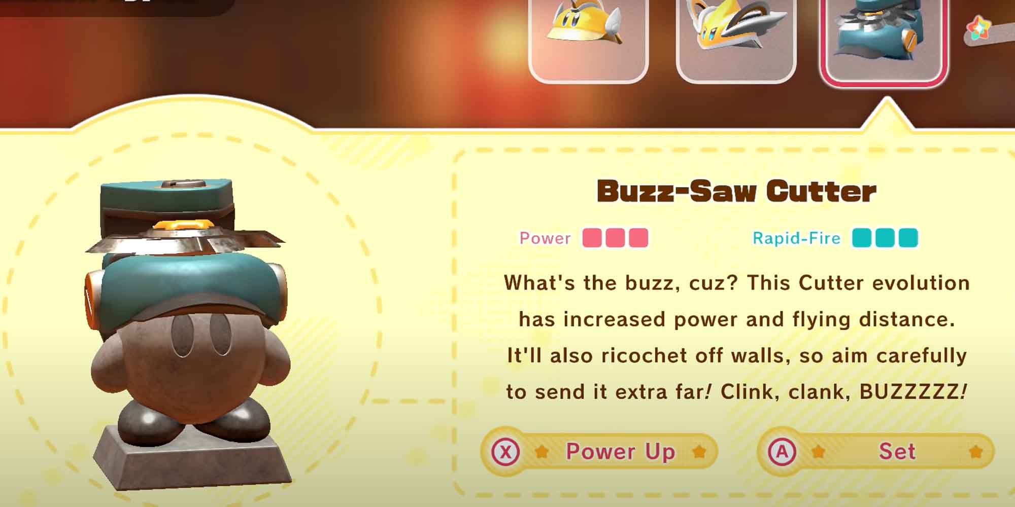 The Buzz-Saw Cutter upgrade for the Cutter copy ability in Kirby and the Forgotten Land