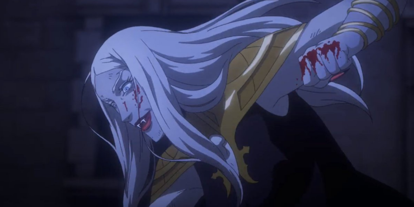 Carmilla bloodies her fist while punching Hector in Castlevania Season 2.