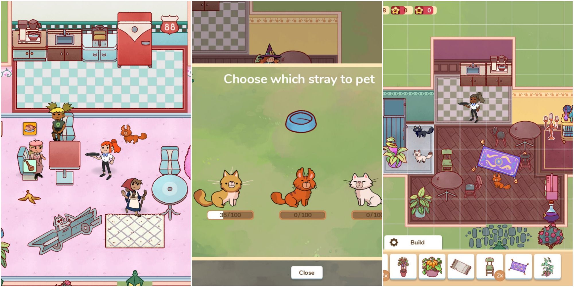 Cat Cafe Manager - Three screenshots joined together