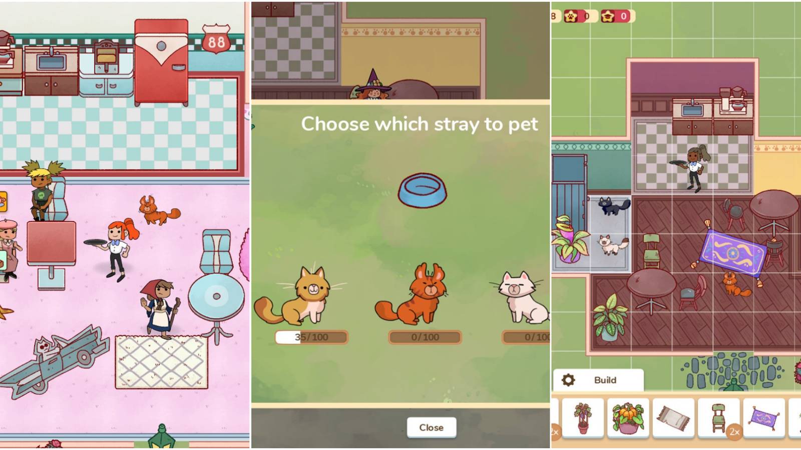 Cat Cafe Manager - Three screenshots joined together