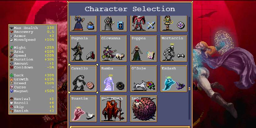 Character Selection screen in Vampire Survivors