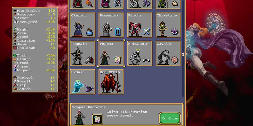 The character selection screen in Vampire Survivors