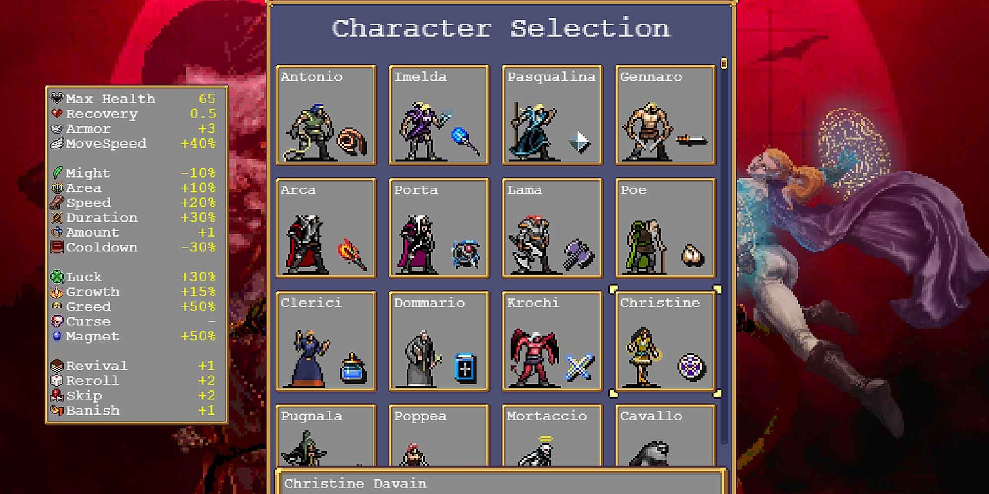 The character selection screen in Vampire Survivors
