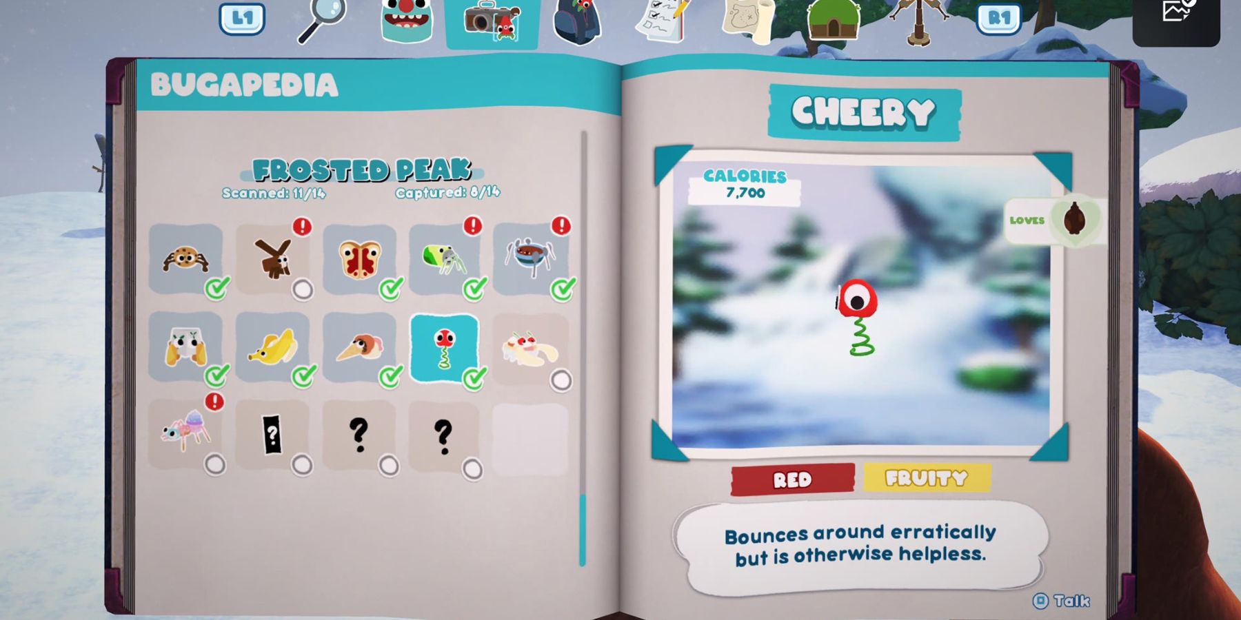 a notebook with a list of Bugsnax on the right page and a living cherry named Cheery on the right 