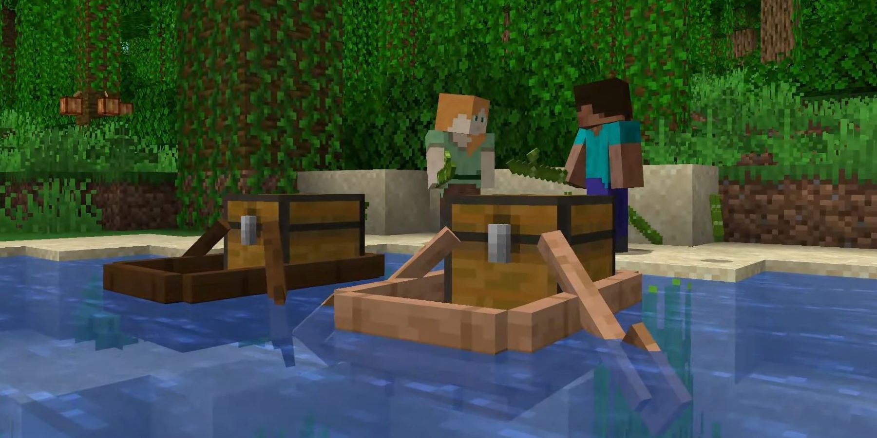 Скриншот лодок с сундуками в обновлении 1.19 Wild для Minecraft со Стивом и Алексом на заднем плане
