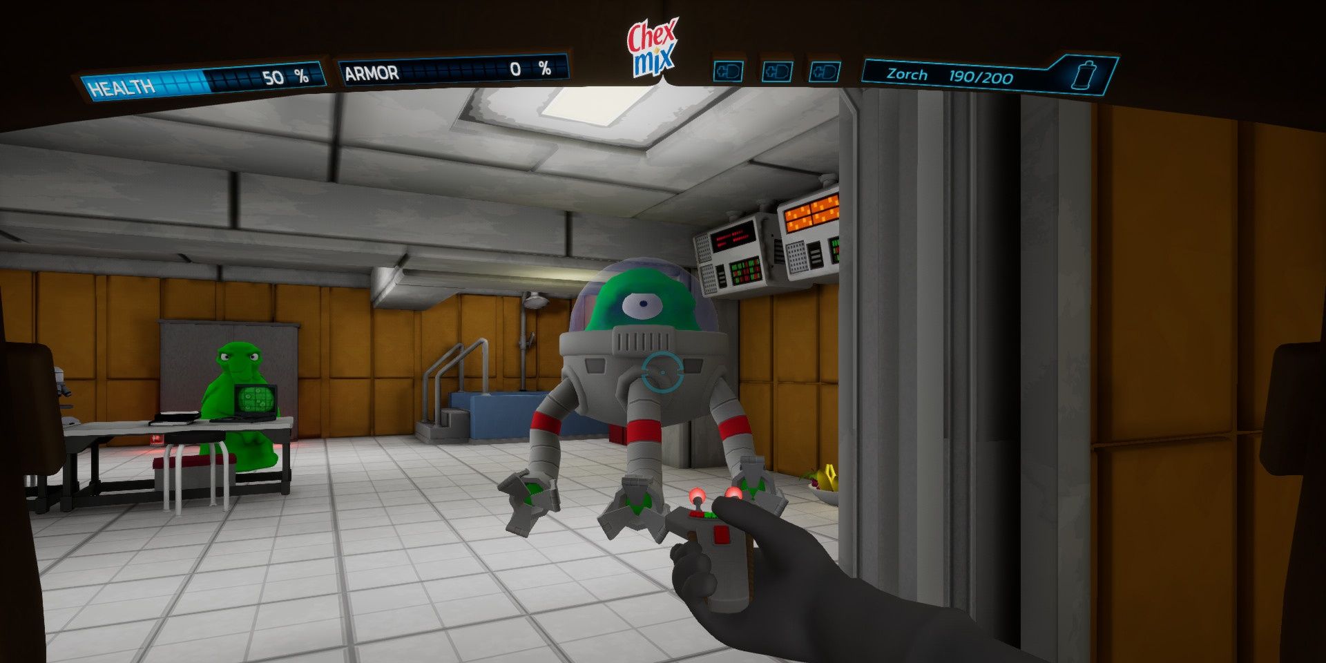 The player getting ready to shoot a Flemoid in Chex Quest